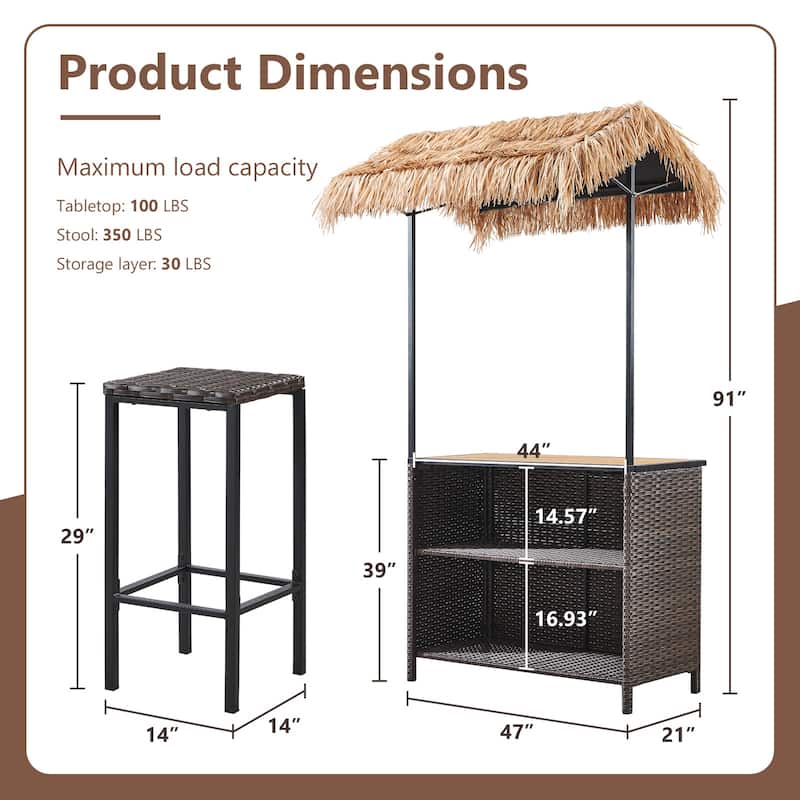 Artisan 3-Piece Wicker Outdoor Bar Set with Canopy, Storage Shelf, and 2 Height Stools - N/A