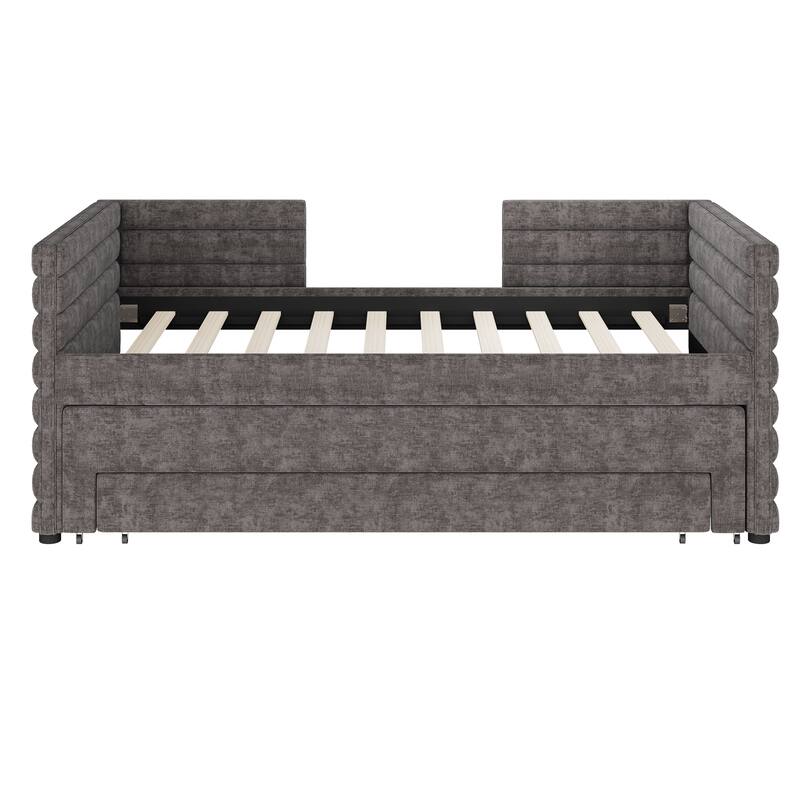 Twin Size Upholstered Daybed with Trundle and 3 Storage Drawers, Fabric Sofa Bed for Guest Room, Living Room