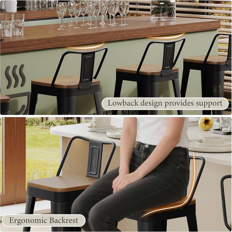 Industrial Style Bar & Counter Stools with Metal Frame Kitchen 26" and 30" Seat Height Stools with Low Back and Wooden Seat