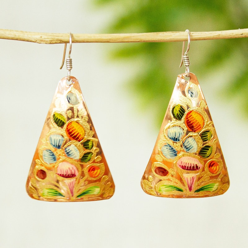 Novica Handmade Floral Pyramid Copper Dangle Earrings