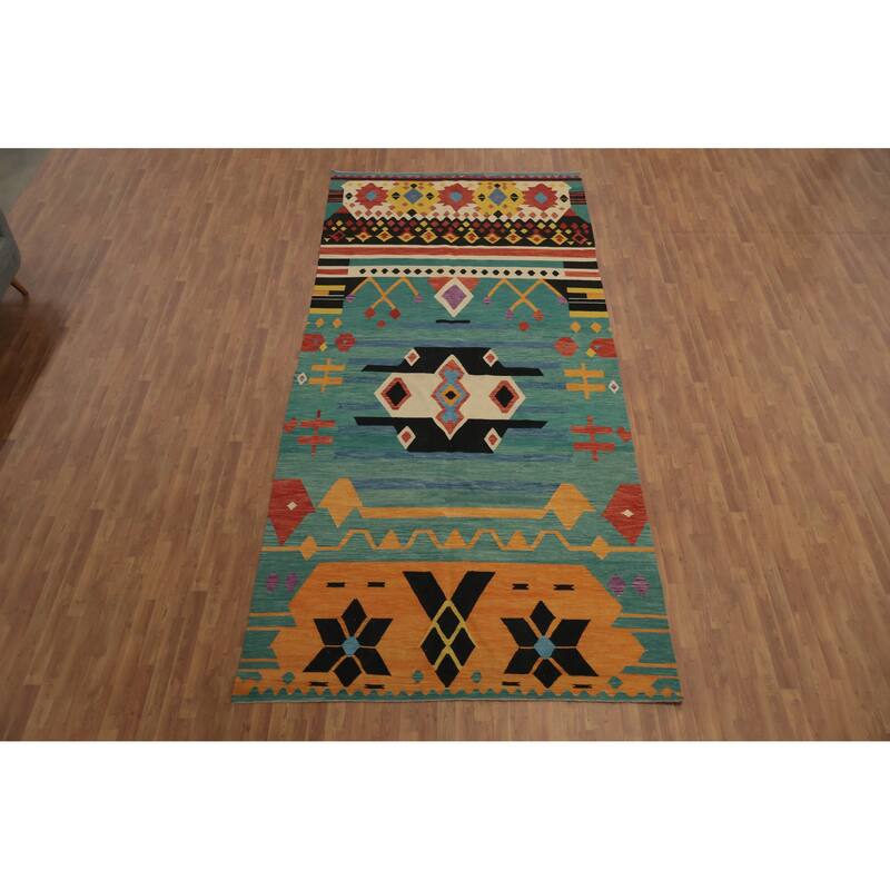 Hand Woven Oriental 100% Wool Carpet Southwestern Tribal Green Kilim Area Rug - 14' 10'' X 6' 9''