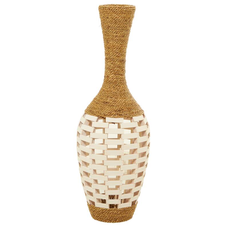 Brown Seagrass Handmade Wrapped Tall Floor Vase with Open Framed Cream Bamboo Center