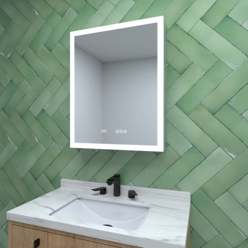 Rectangular Aluminum Recessed/Surface Mount Medicine Cabinet in Silver with Mirror LED and Clock