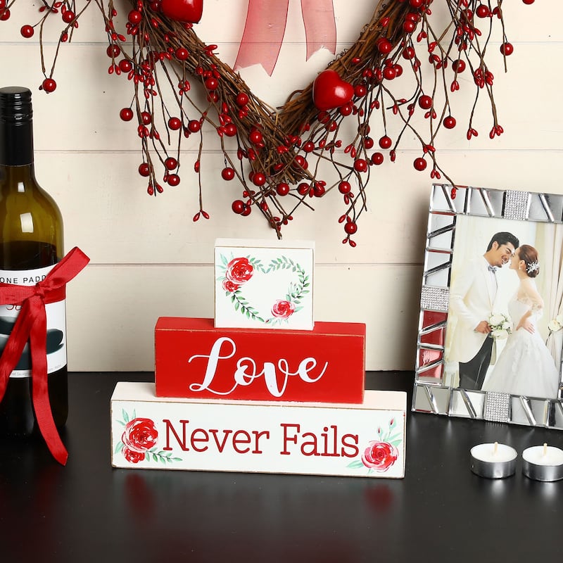 Glitzhome Valentines LED Wooden Block Love Table Decor