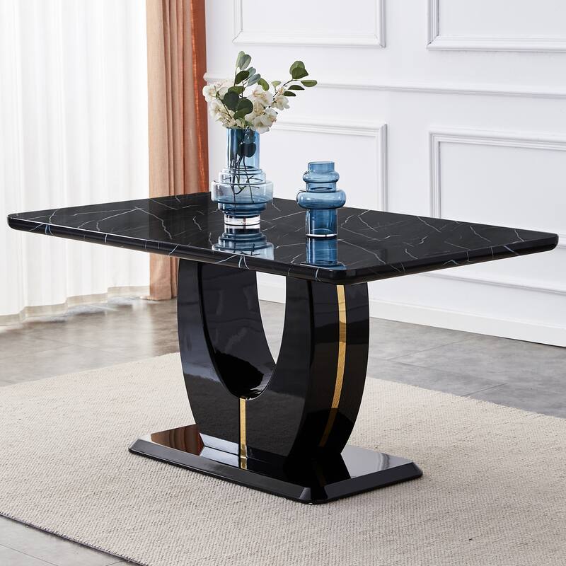 63" Modern Simple Luxurious Black Imitation Marble Grain MDF Dining Table, Rectangular Office Table