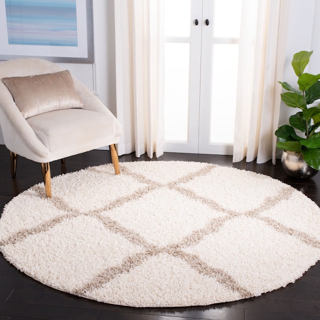 SAFAVIEH Dallas Shag Giusy Trellis 1.5-inch Thick Rug - 4' x 4' Round - Ivory/Beige