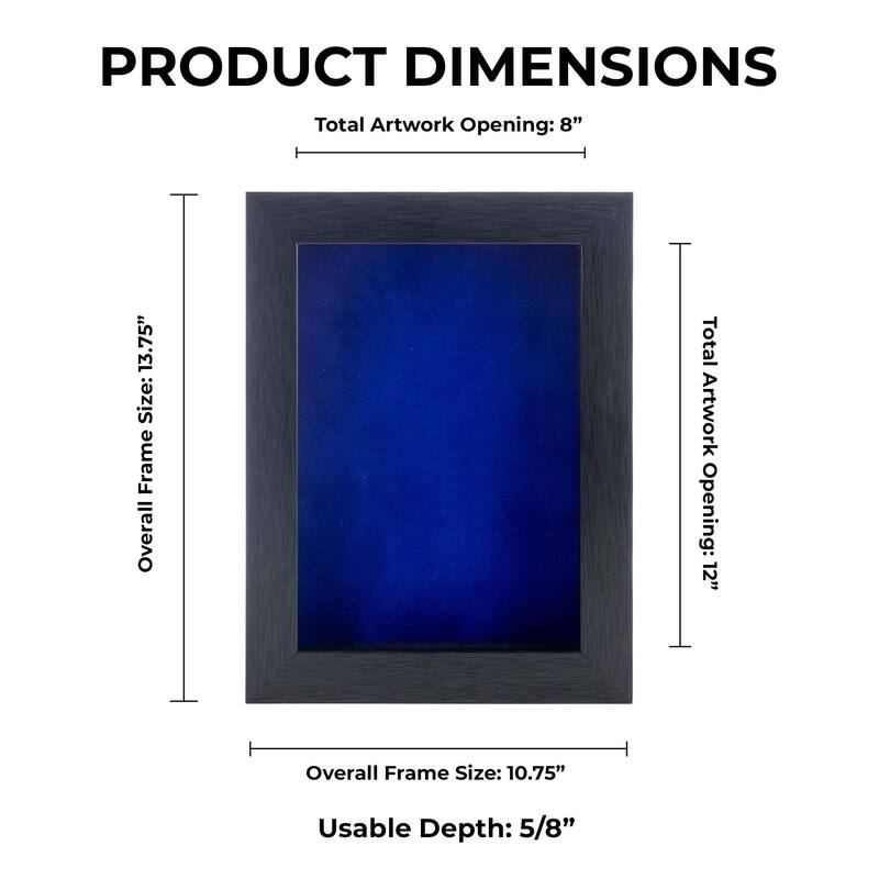 9x12 Shadow Box Frame Charcoal Gray Wood | With a 3/4" Usable Display Depth | Includes a Royal Blue Real Suede Texture Acid-Free