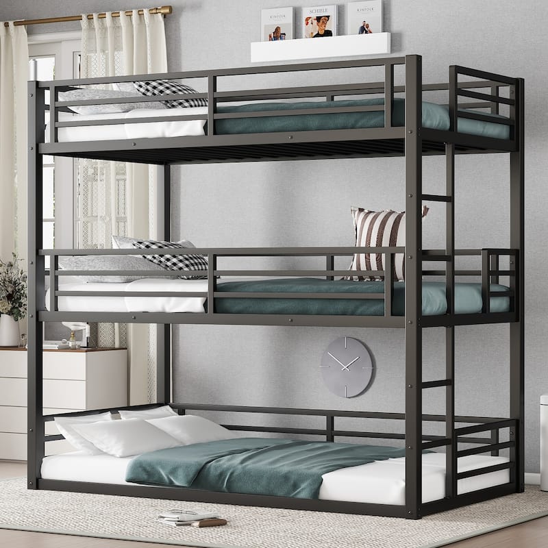 GDFStudio - Fillip Metal Triple Bunk Bed with Guardrails & Noise-Reduced Heavy-Duty Frame - Black + Twin/Twin/Twin - Twin
