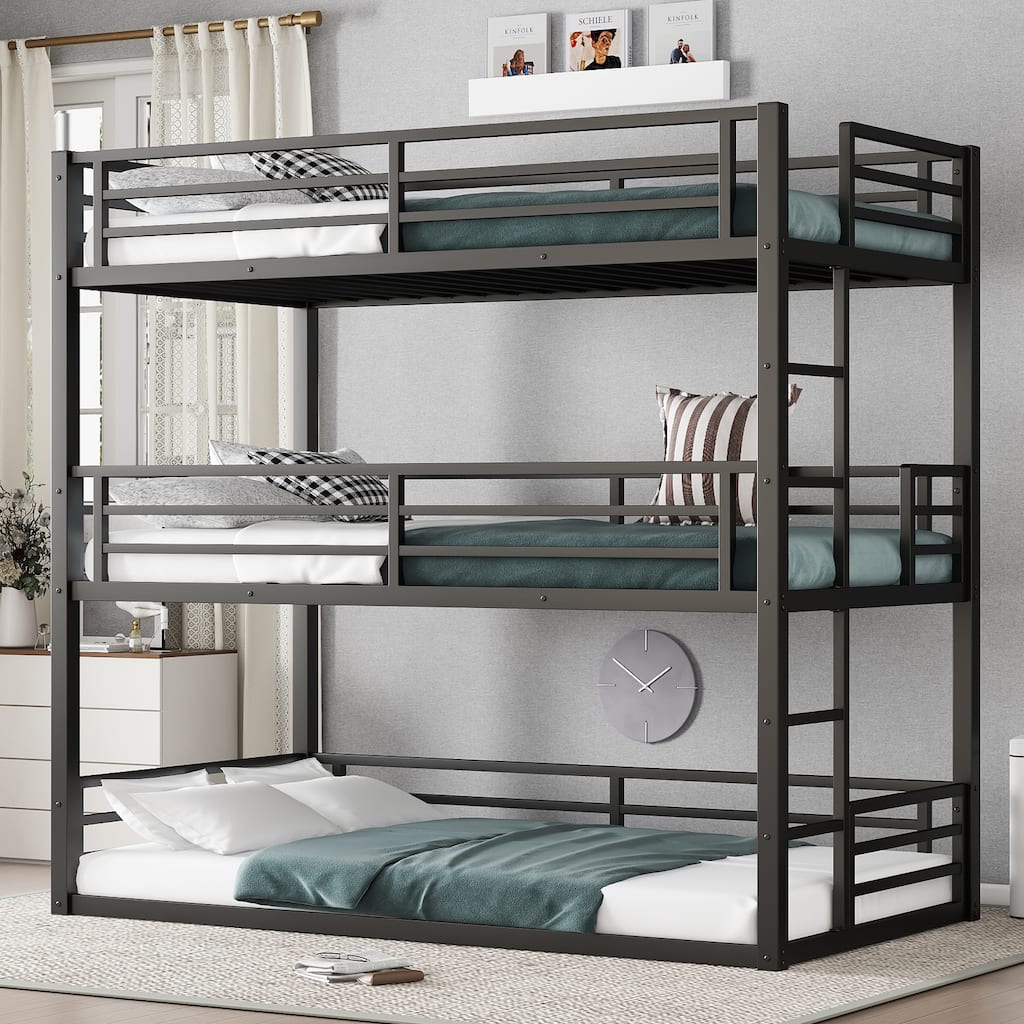 Metal Triple Bunk Bed, Twin over Twin over Twin, Black, Heavy-duty, Noise-reduced Design with Safety Guardrails