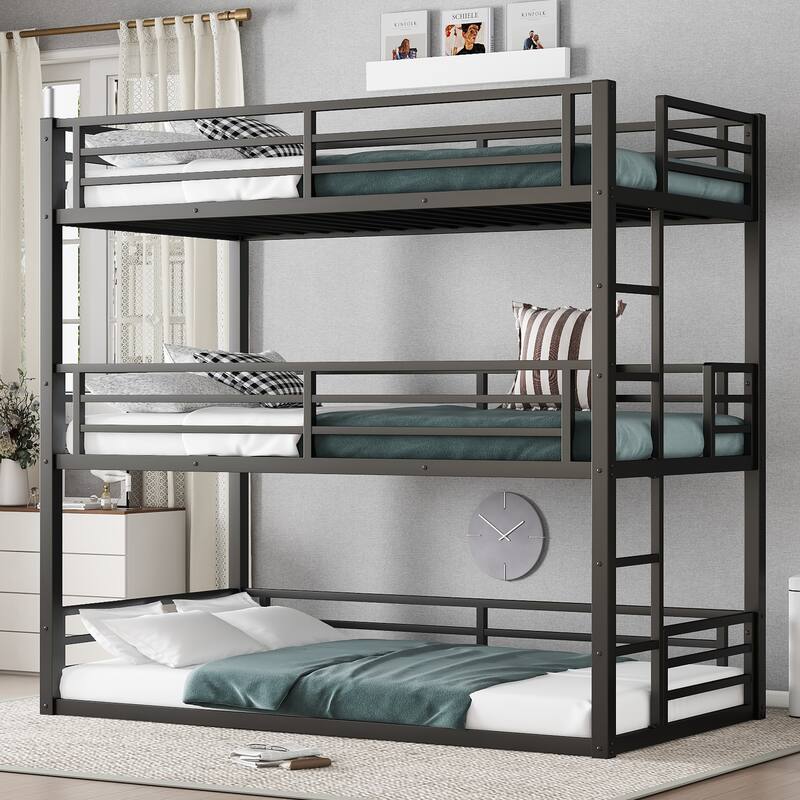 Twin over Twin over Twin Bunk Bed, Metal Triple Bunk Bed with Safety Guardrails, Heavy-duty Bunk Bed with Noise-reduced Design - Black