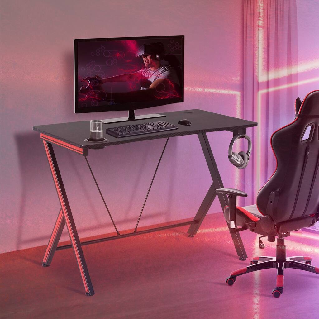 HomCom 42 in Gaming Computer Desk Workstation with Headphone Hook, Large Desktop for Computer Hardware, & Stable Design