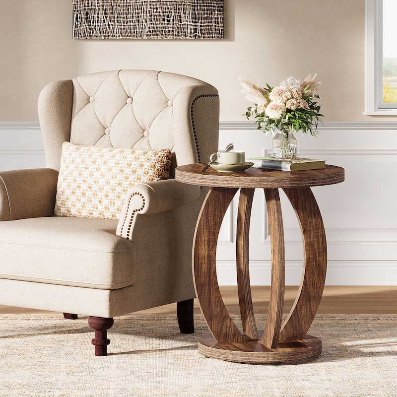 Round Side Table with Storage, Farmhouse End Table for Living Room Small Space
