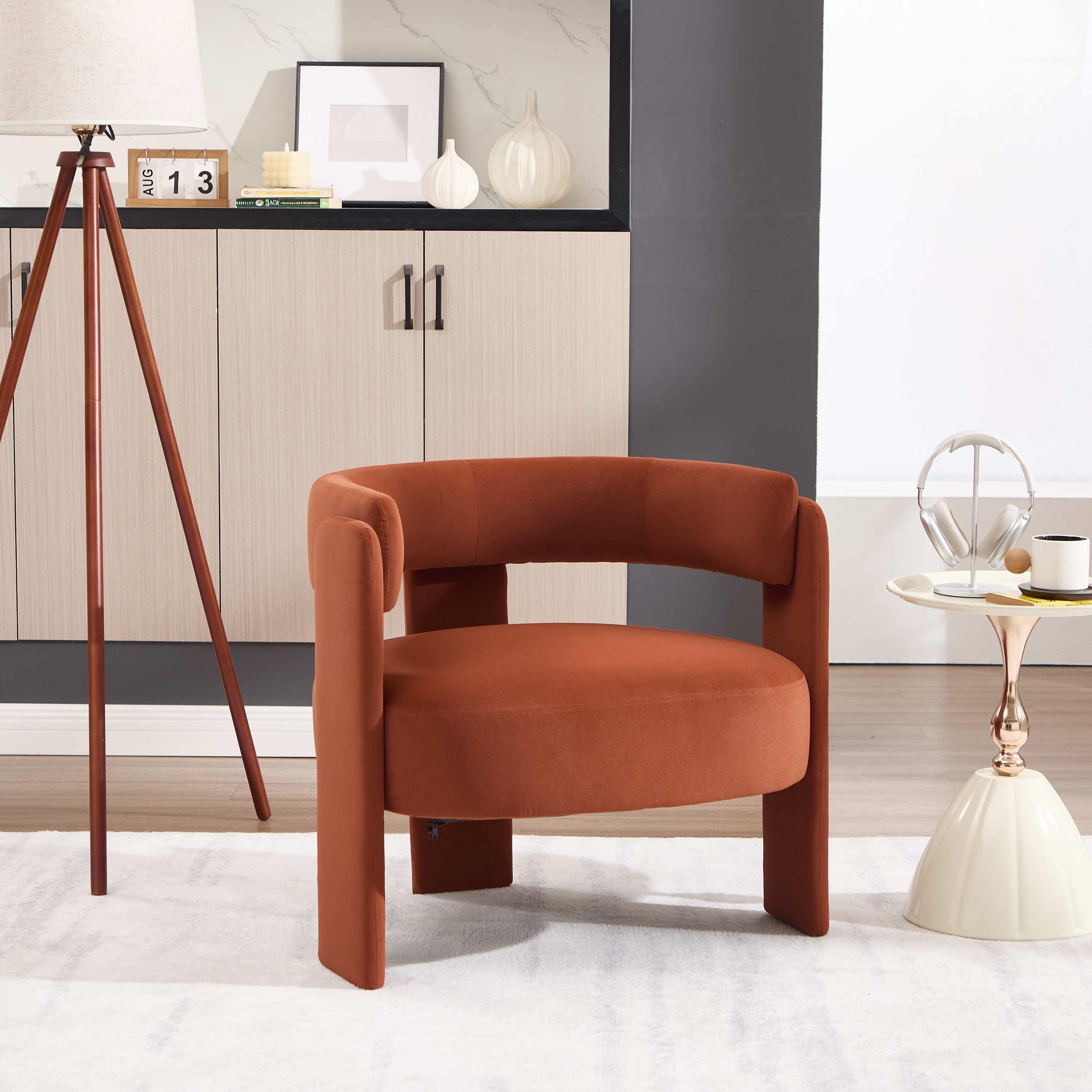 Orange Single Sofa Chair Velvet Accent Chair with Wooden Legs, Armchair Side Chair Vanity Chair Corner Chair