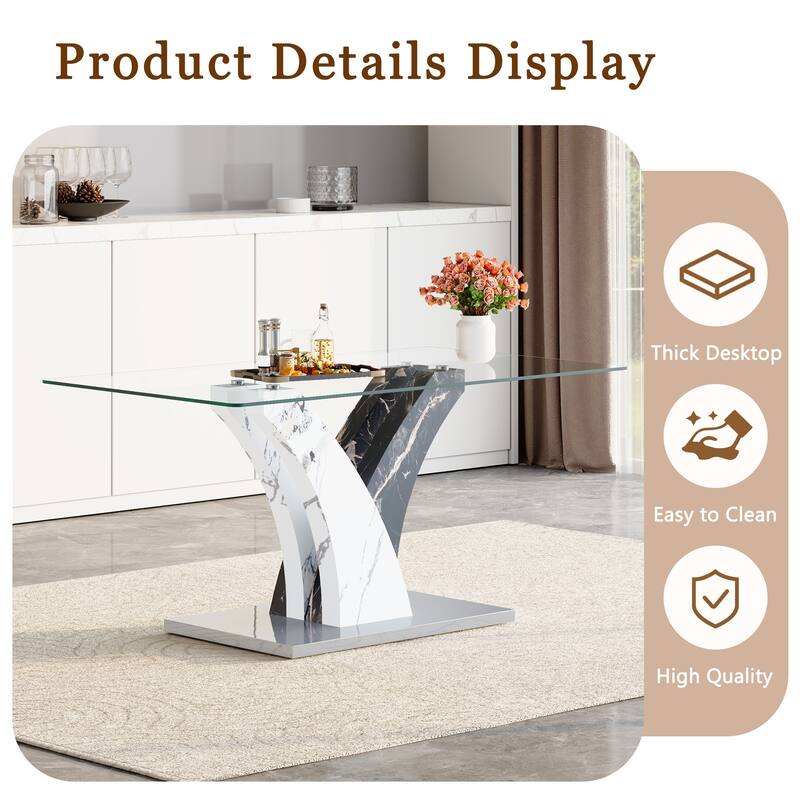 Stylish Dining Table and Chair Set, Modern Rectangular Glass Table with Upholstered Linen Chairs for Kitchen, Dining Room