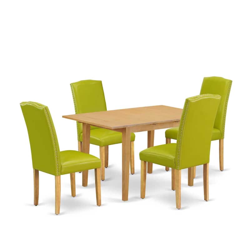 Dinette Set 5Pc Rectangle Table w/ Leaf & 4 Parsons Chairs - Oak Leg, Green PU Leather