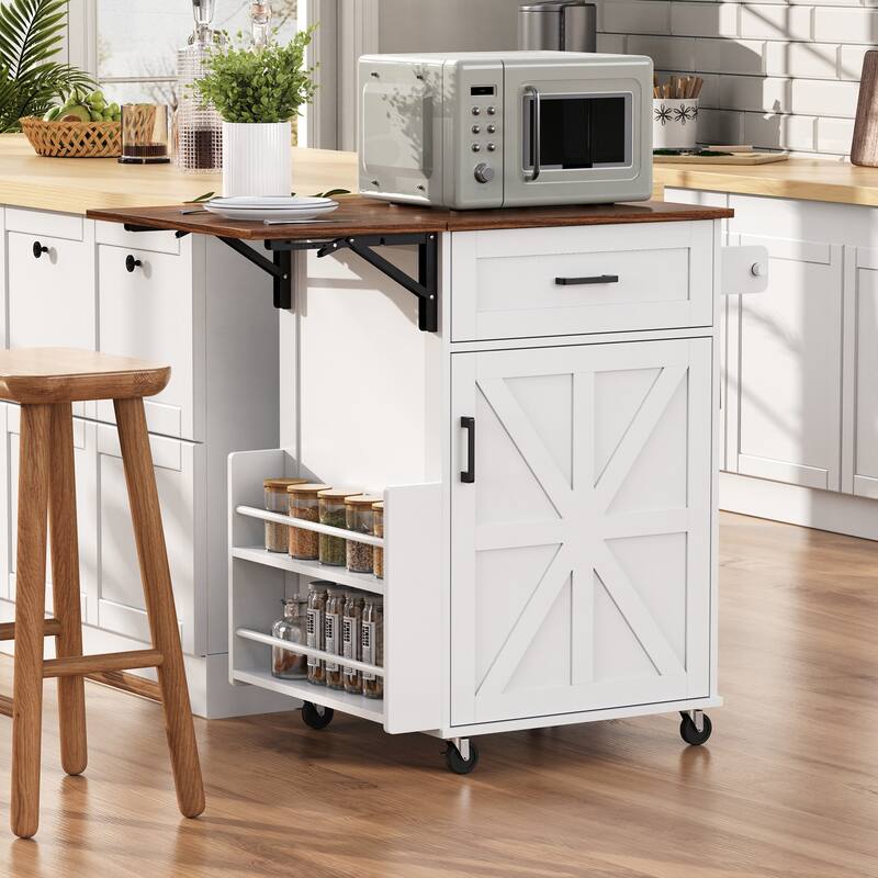 39.3" Farmhouse Kitchen Island with Drop Leaf, Open Side Rack, 1 Drawer, Towel Rack, & Lockable Wheels