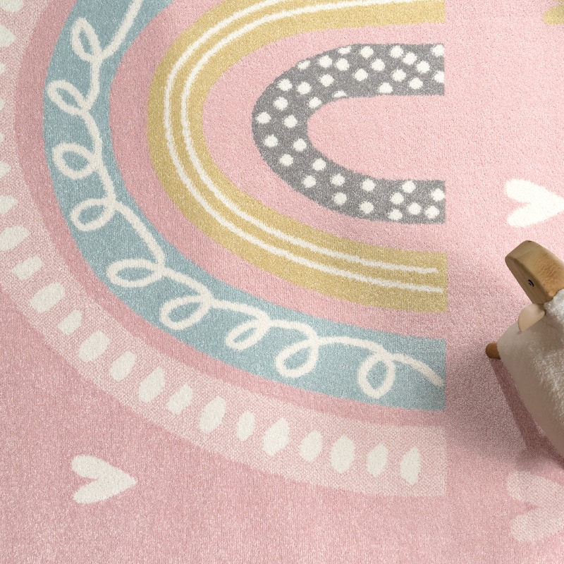 Kids Rug with Rainbow and Hearts in Pastel Colors