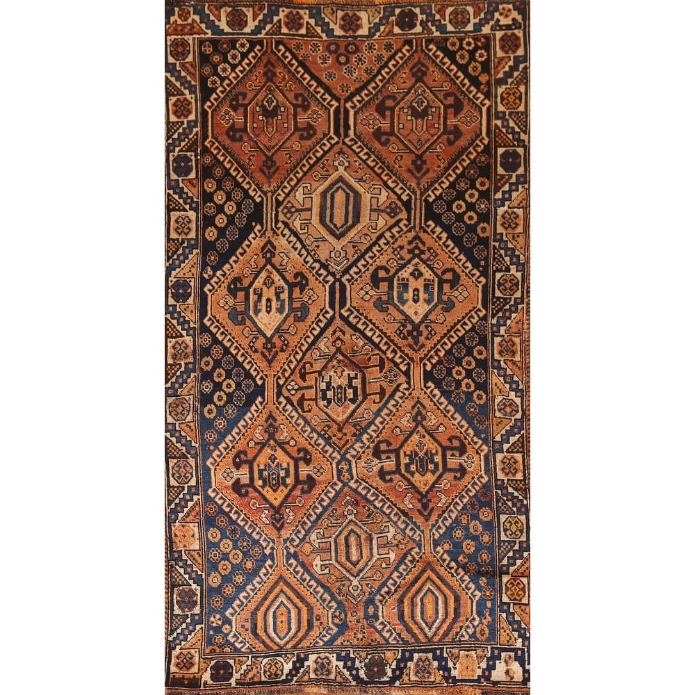 Tribal Qashqai Persian Vintage Rug Hand-Knotted Orange Wool Carpet - 4'2"x 8'4"