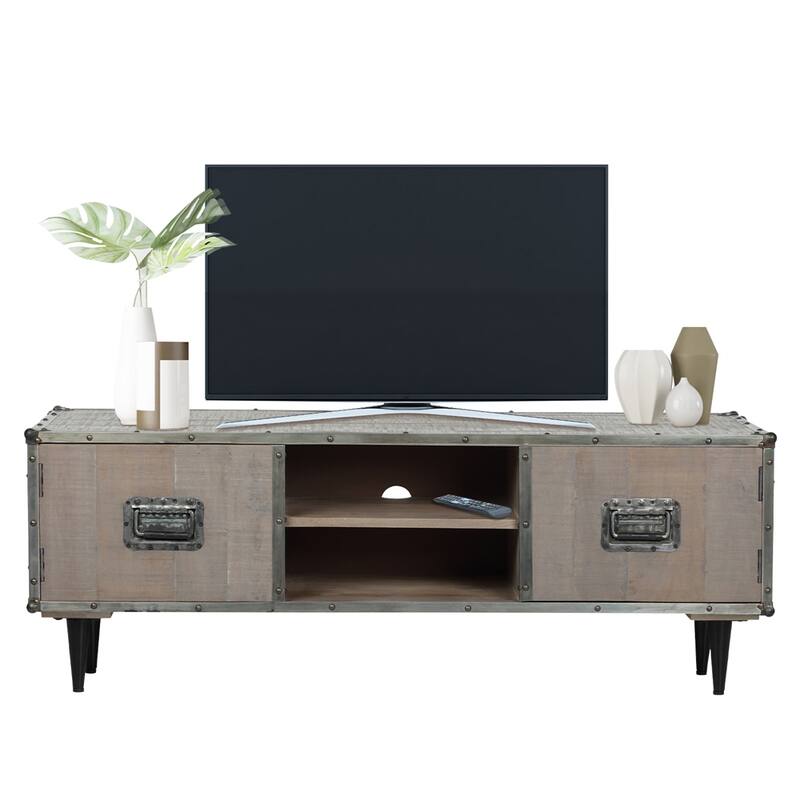 ExBrite Solid Wood Media Console 2 Doors Back Black Metal Legs for TV Table Bench Stand,Gray Wash Finish - 59" x 16" x 21" - 59" x 16" x 21"