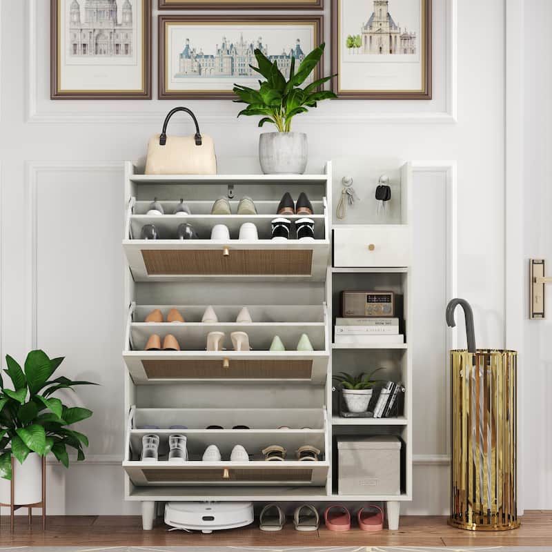 Freestanding Shoe Storage Cabinet, Narrow Hidden Shoe Rack with 3 Rattan Flip Drawers, 3 Square Shelves & 1 Storage Drawer