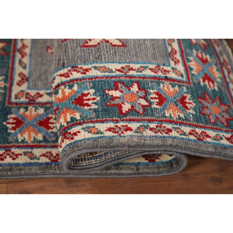 Hand Knotted Oriental 100% Wool Carpet Traditional Geometric Greys & Charcoal Kazak Area Rug - 2' 10'' X 1' 11''
