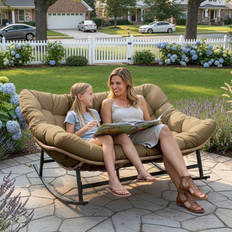 FINCATI Oversized Double Rocking Chair Outdoor Indoor, 40" D x 58" W Double Papasan Rocking Chair with Padded Cushion