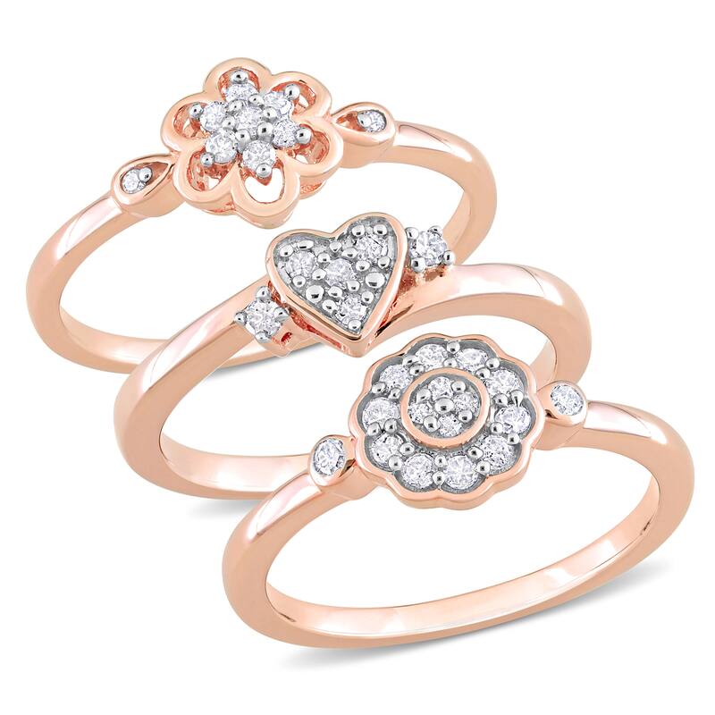 Miadora 3/8ct TW Diamond Heart Flower Rings 3-Piece Set Rose Silver