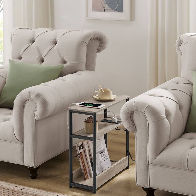 Space-Saving End Table with 3 Storage Shelves and Built-In Charging Station and Stable Steel Frame - 7.1"D x 17.7"W x 22.8"H