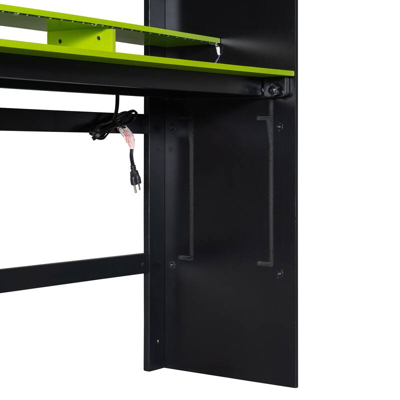 Full Size Wood Bunk Bed with Adjustable Desk, Wardrobe, Storage, and RGB Light in Green