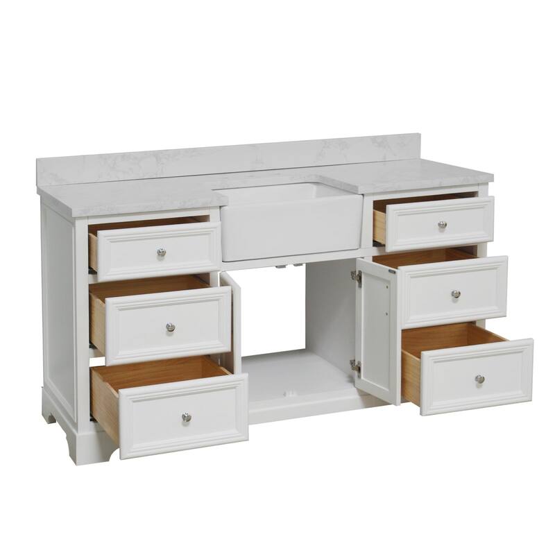 KitchenBathCollection Zelda 60" Single Farmhouse Bathroom Vanity with Engineered Carrara Top