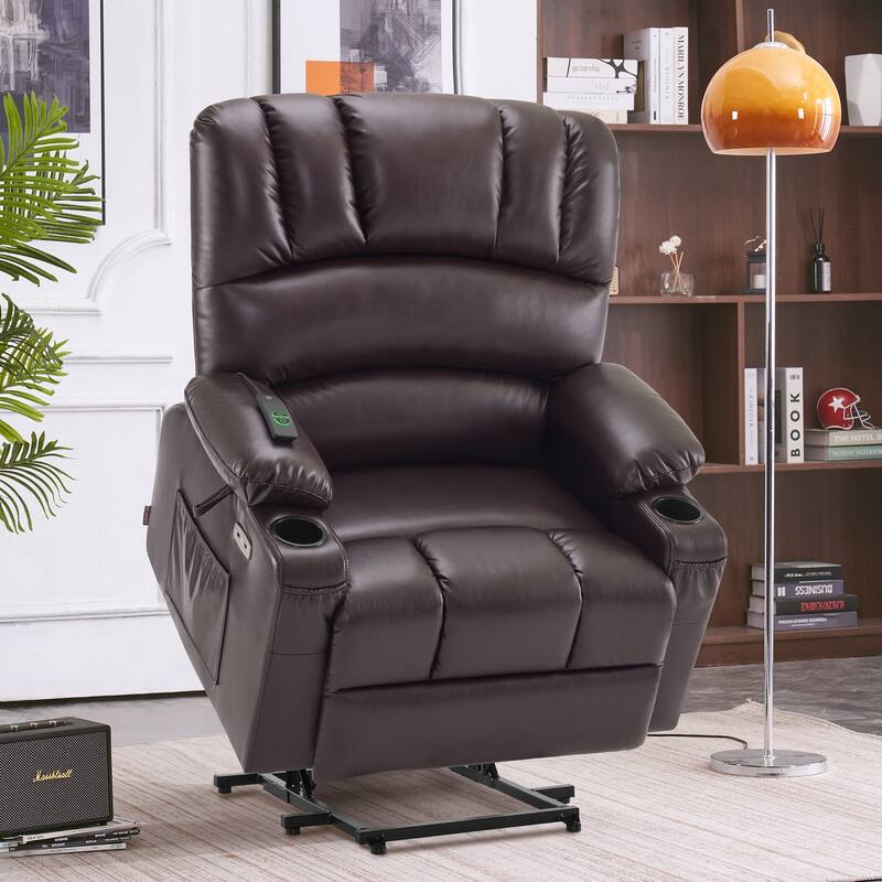 MCombo Large Power Lift Recliner Chair with Massage and Heat, Cup Holders, Side Pockets, Faux Leather R7092 (Large-Wide) - Dark Brown