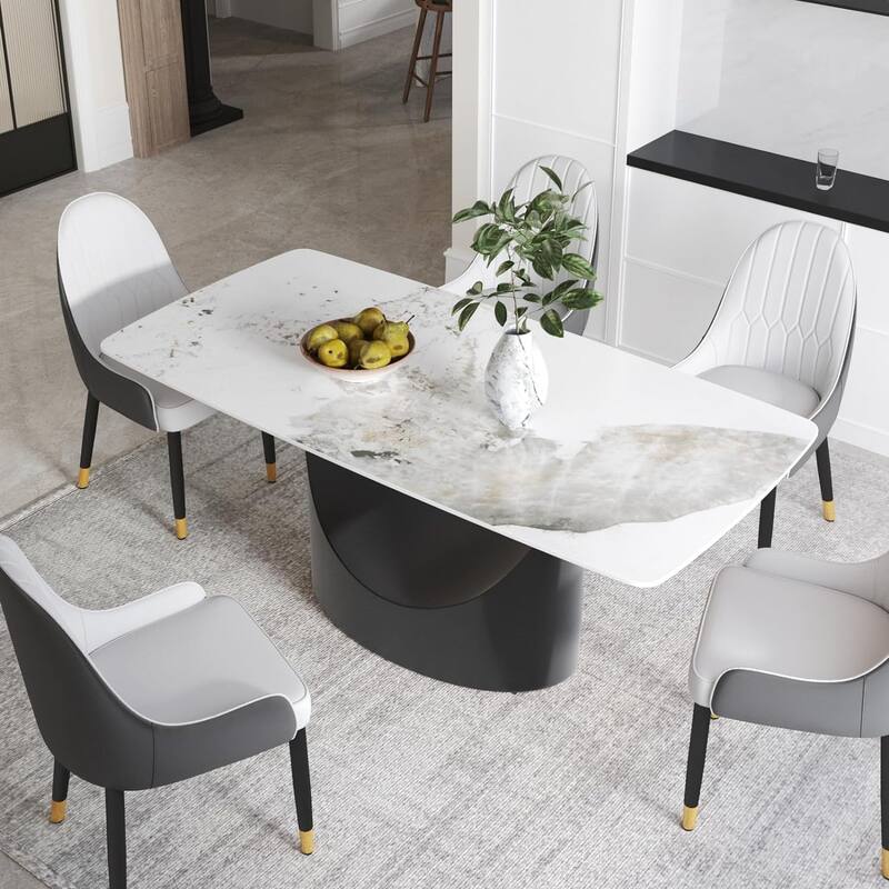71" Black Marble Sintered Stone Table Top,Rectangle Dining Room Table with Unique U-Shape Black Carbon Steel Pedestal