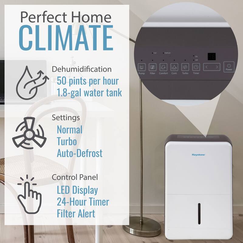 Keystone 50 Pint Dehumidifier with Electronic Controls and Built-In Pump