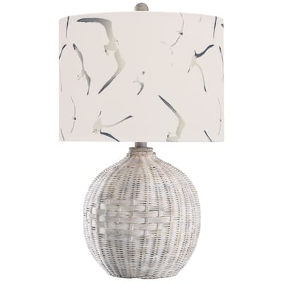 Piper's Harbor Rattan Table Lamp - Whitewash Finish - Seagull Print Shade