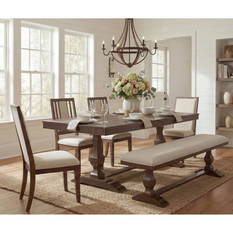 6-pieces Farmhouse Dining Table for 6, 74.8" Kitchen Table Set with 4 Chairs and Bench, Solid Wood Legs and Cushion Seat