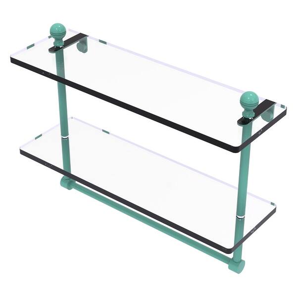 Mambo Collection 16 in. Two Tiered Glass Shelf with Integrated Towel Bar in Unlacquered Brass Mambo Collection 16 in. Two Tiered Glass Shelf with Integrated Towel Bar in Unlacquered Brass