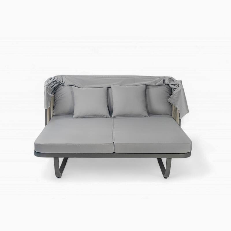 57" Outdoor Patio Rattan Daybed Sunbed with Retractable Canopy and Pillows