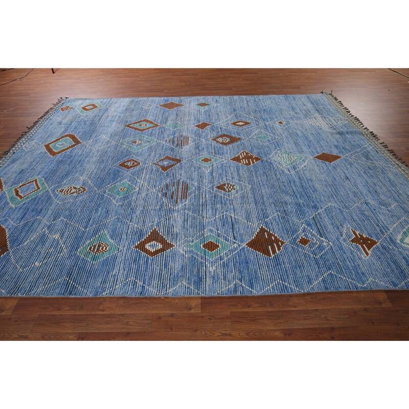 Blue Geometric Moroccan Area Rug Hand-Knotted Wool Carpet - 8'7"x 12'2"