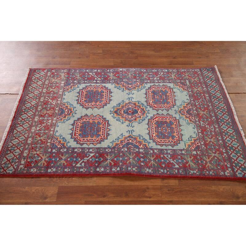 Geometric Kazak Accent Rug Hand-Knotted Blue Wool Carpet - 3'1"x 4'9"