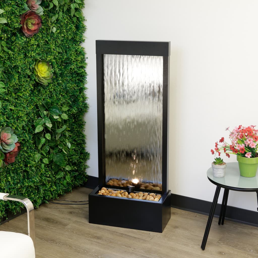 Alpine Corporation 48" Tall Indoor/Outdoor Mirror Zen Waterfall Fountain with Stones and Lights, Silver - 48