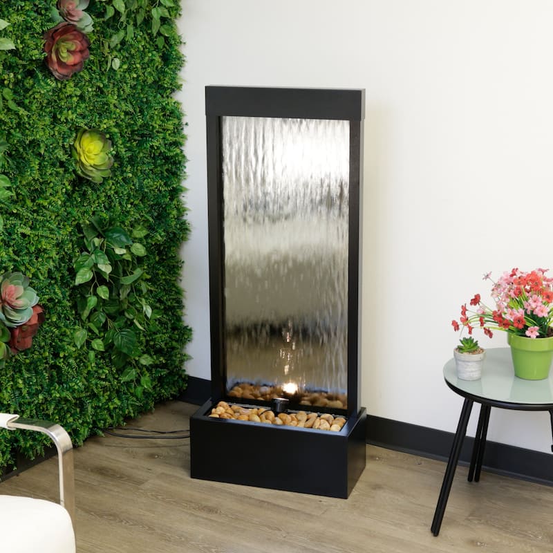 Alpine Corporation 72" Zen Mirror Waterfall Fountain with LED Lights and Stones - Silver - 48