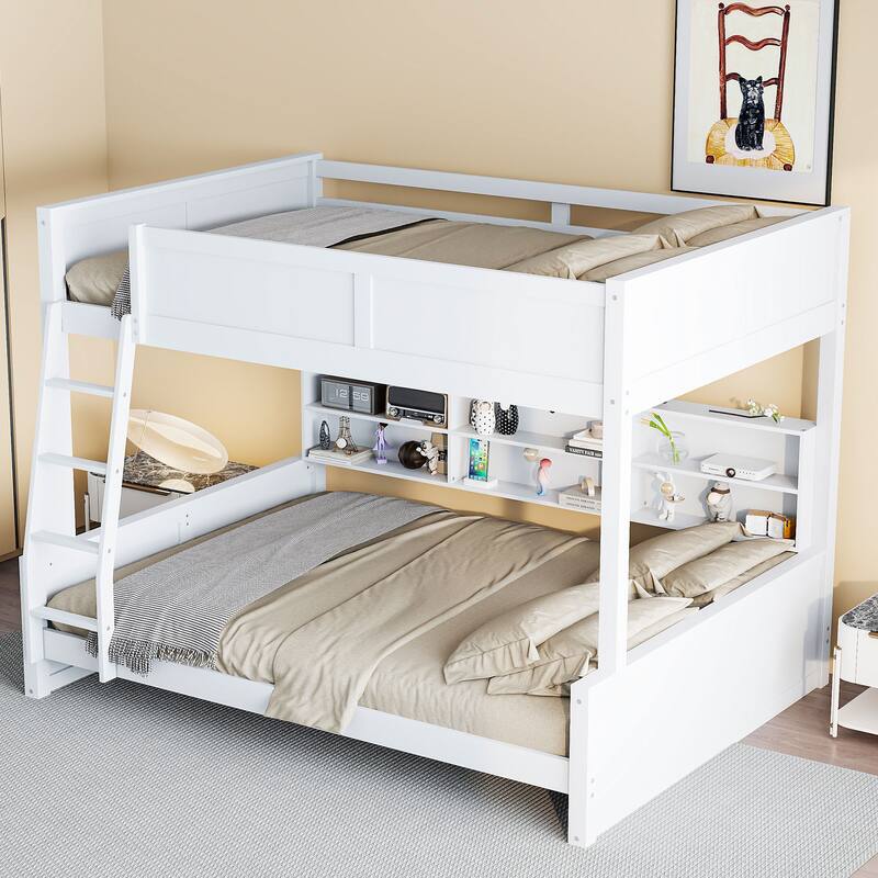 Wood Full XL over Queen Bunk Bed with Shelves, Storage Cabinets, USB Ports, Bunk Bed Frame w/Slats Support, No Box Spring Needed - White