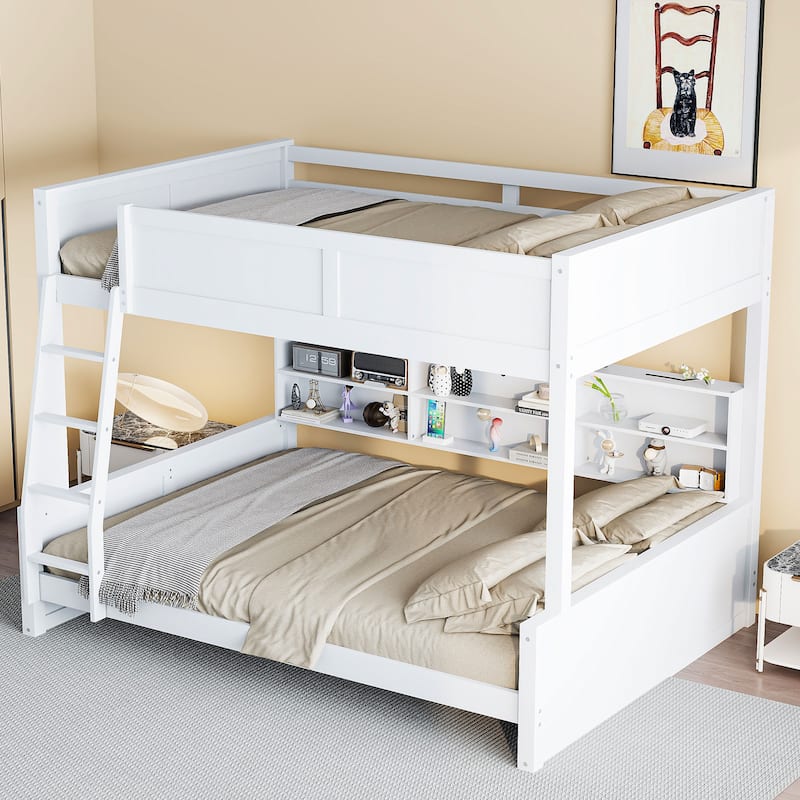 Wooden Bunk Bed with Charging Station & Storage Cabinets - Antique White - Full XL over Queen