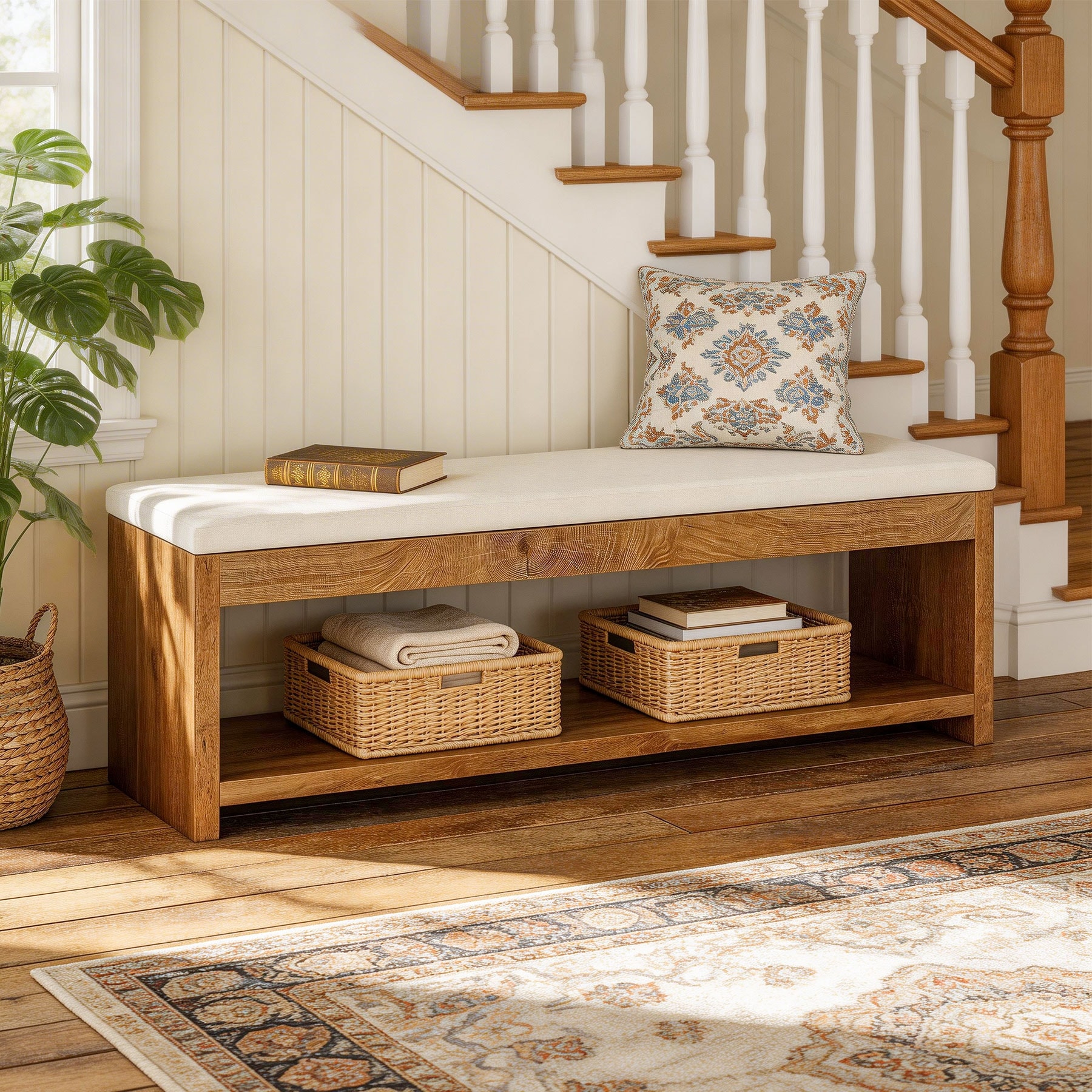 55-inch Bench with Cushion and Storage Shoe Rack