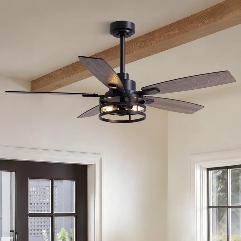 46/52/60Inch Farmhouse Rustic Black Caged Ceiling Fans With Lights and Remote Wood Grain Fandelier(5/6-Blade,2/3-Light)