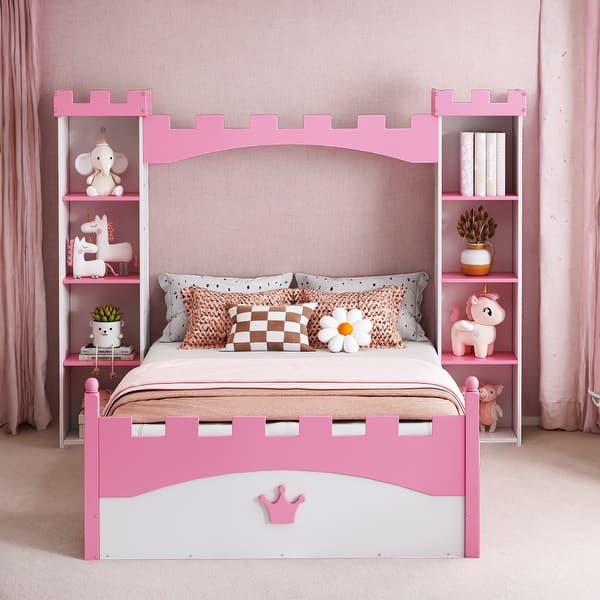 slide 2 of 18, Castle-Shaped Twin Size Wooden Bed with Storage Shelf, Dreamy Platform Bed for Kids' Bedrooms with Cute Design, White + Pink White+Pink