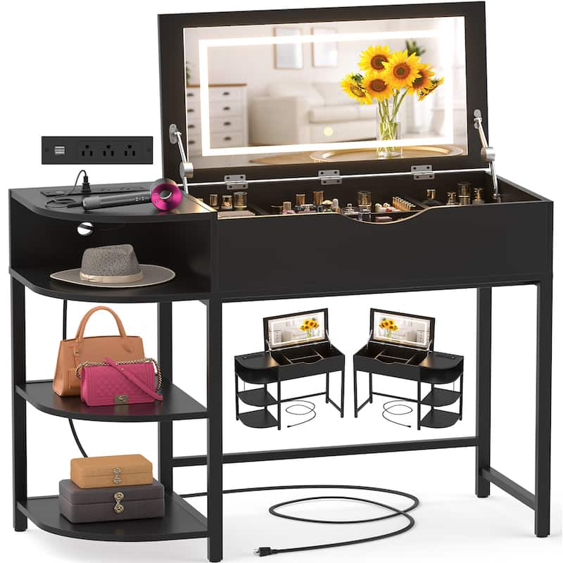 Flip Top Vanity Desk with LED Mirror and Charging Station, Modern Makeup Table with Hiden Storage