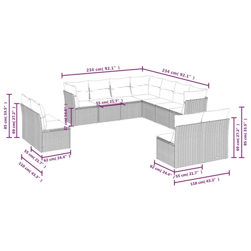 vidaXL 11/12 Piece Patio Sofa Set with Cushions Black/Brown/Gray Poly Rattan - 21.7 x 24.4 x 27.2