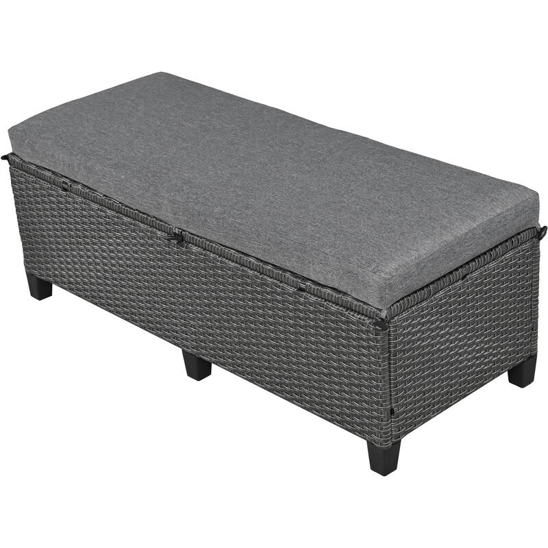 Roomfitters 5-Piece Outdoor Rattan Sofa Set, Patio Sectional Furniture with Dining Table, Storage Bench, Side Trays
