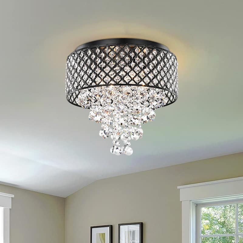 Antique Black 4-Light Round Drum Flush Mount with Cascading Crystal